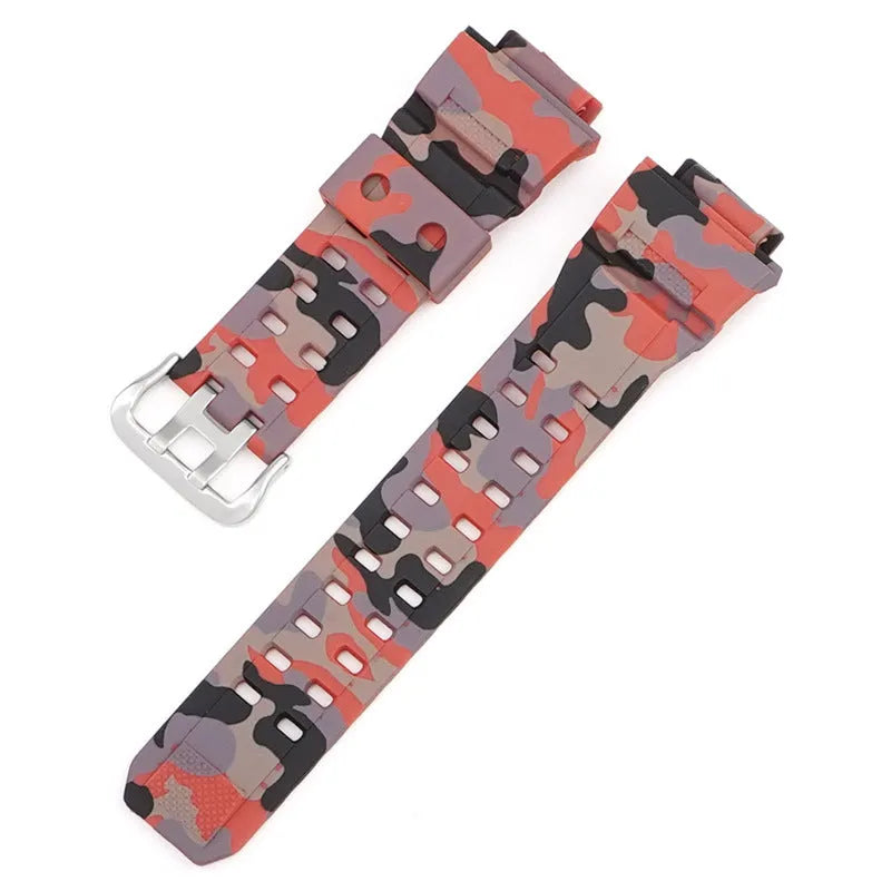 Camouflage pattern TPU watchband with silver buckle showing 12+7cm length and 2mm thickness