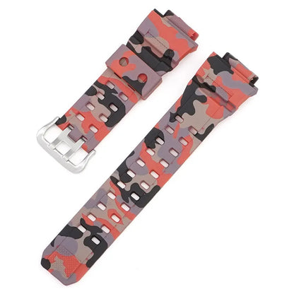 Camouflage pattern TPU watchband with silver buckle showing 12+7cm length and 2mm thickness