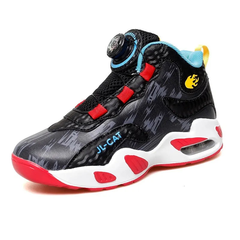 Children's rotating button running shoes in black with PU sole and synthetic leather upper, showing button closure mechanism