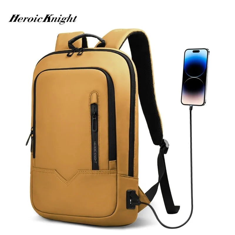 Lightweight men's polyester commuter backpack with USB charging port in multiple colour options.
