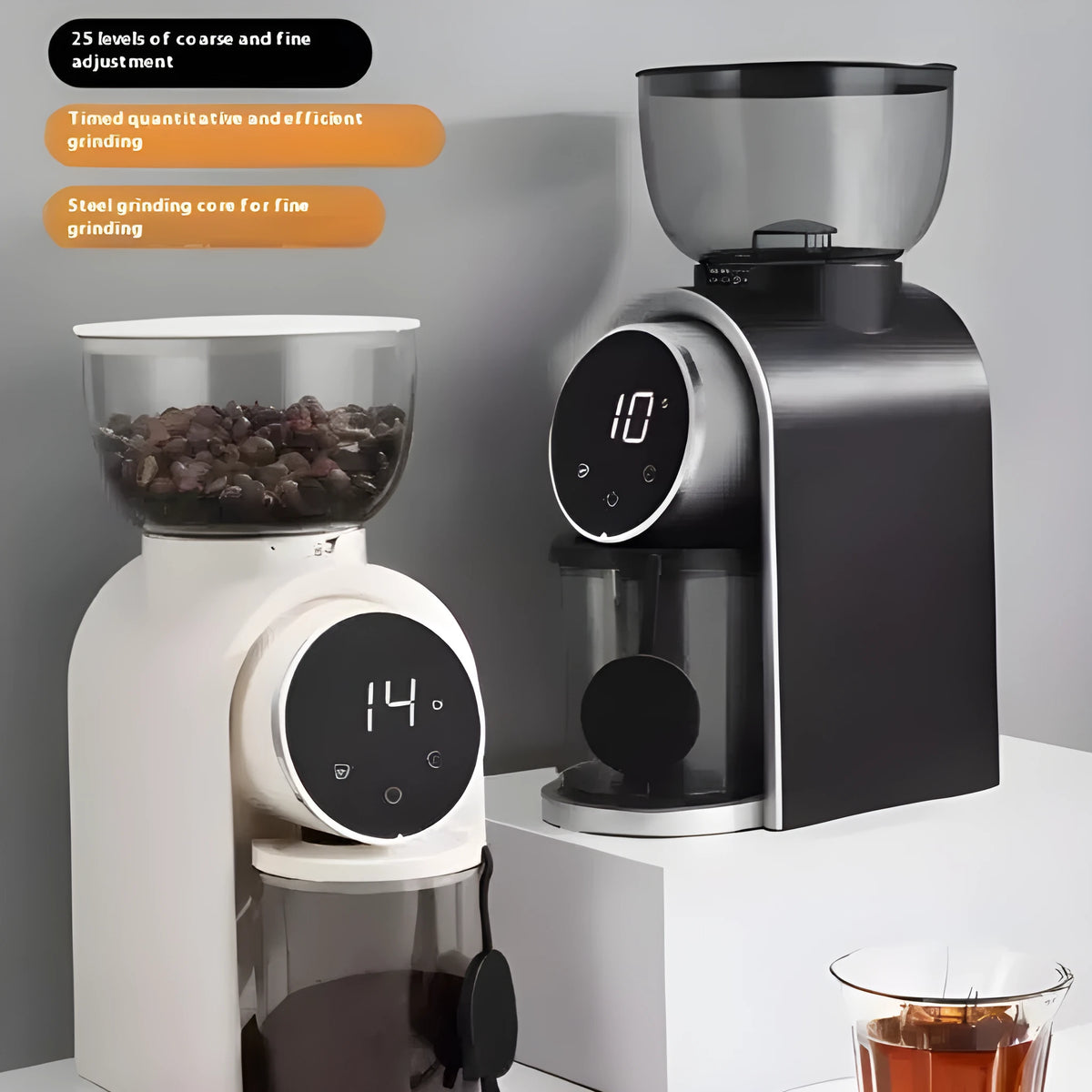 Smart electric coffee grinder in black or white with adjustable scale, plastic body, HB583 or HB683 model options