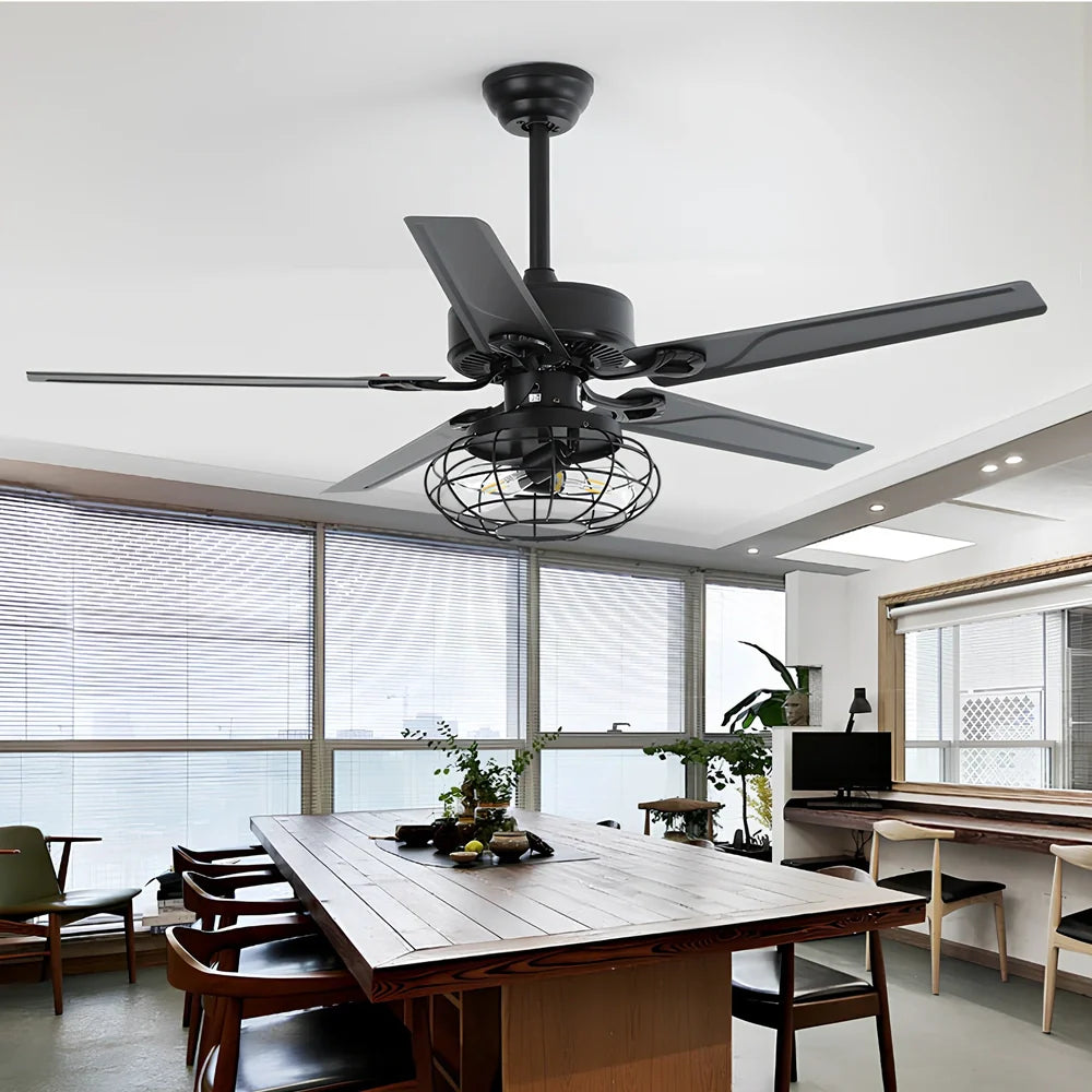 Retro industrial ceiling fan with five wooden blades, bird cage housing, and remote control