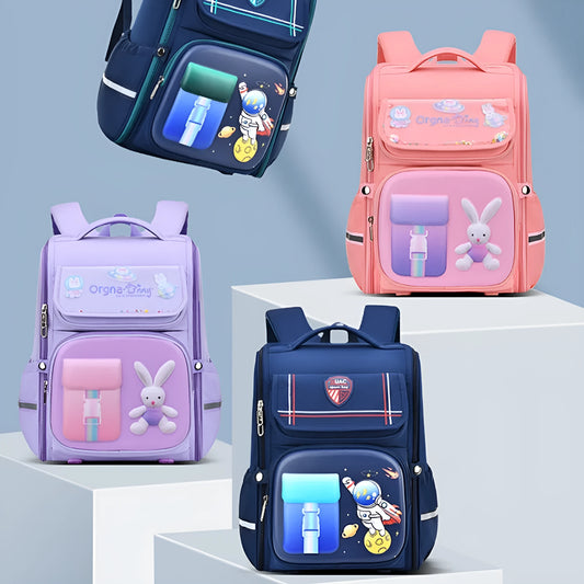 Children's cartoon backpack with airpillow straps in rabbit pink colour showing size comparison