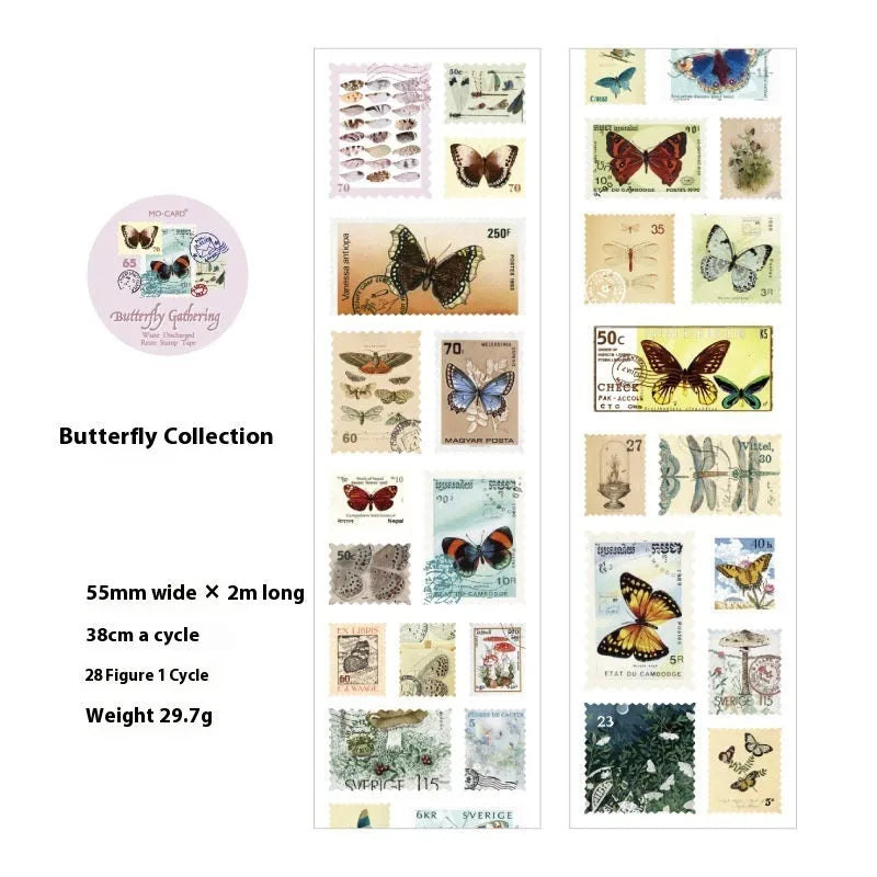 Roll of 55mm wide coated paper stamp decoration with repositionable adhesive backing for DIY journals and crafts