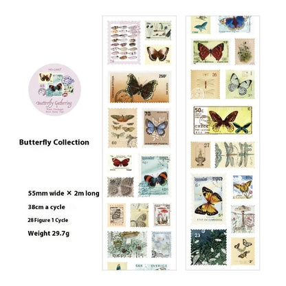 Roll of 55mm wide coated paper stamp decoration with repositionable adhesive backing for DIY journals and crafts