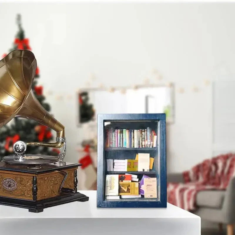 Handcrafted mini bookshelf made of wood with 60 miniature books for stress relief and mindfulness