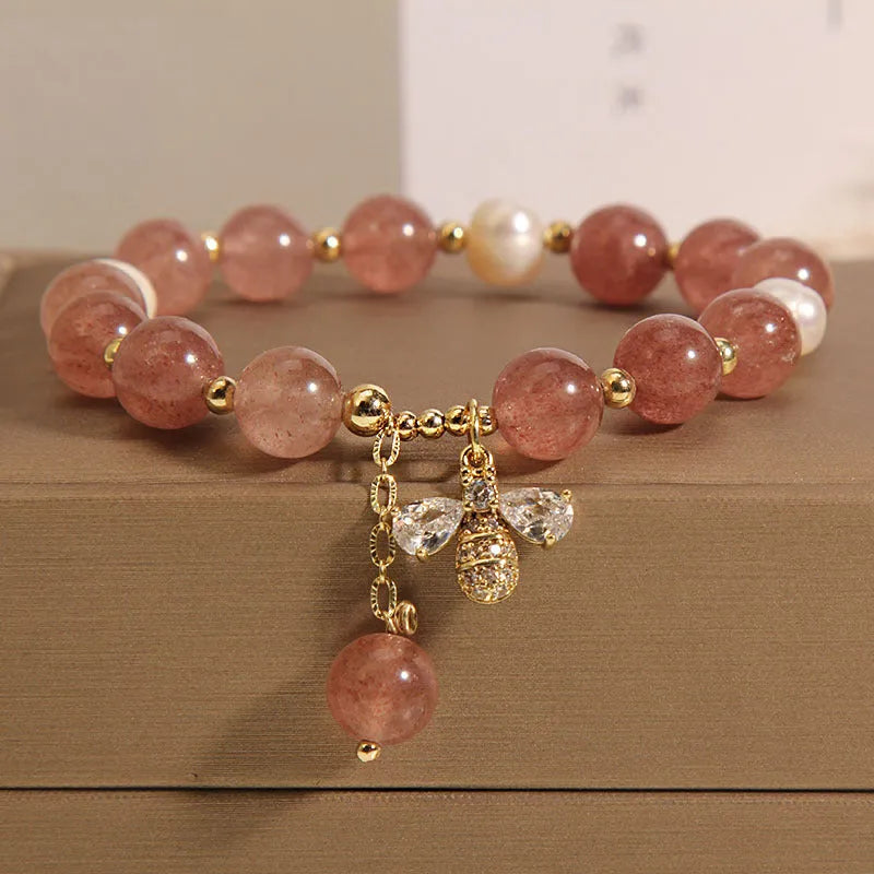 Freshwater pearl and strawberry quartz bracelet with zircon stones and alloy bead accents