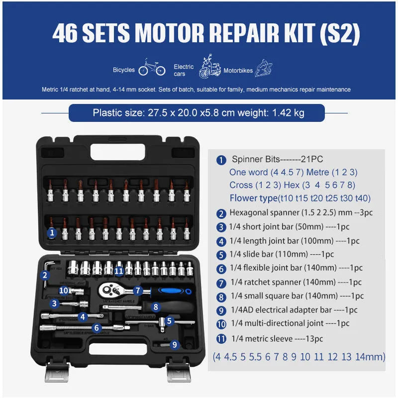 46-piece socket ratchet wrench set with Cr-V steel construction and 72-tooth ratchet mechanism for DIY repairs