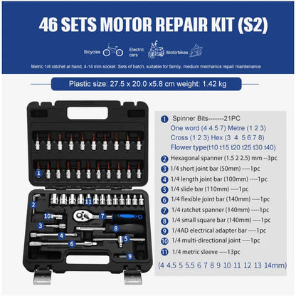 46-piece socket ratchet wrench set with Cr-V steel construction and 72-tooth ratchet mechanism for DIY repairs