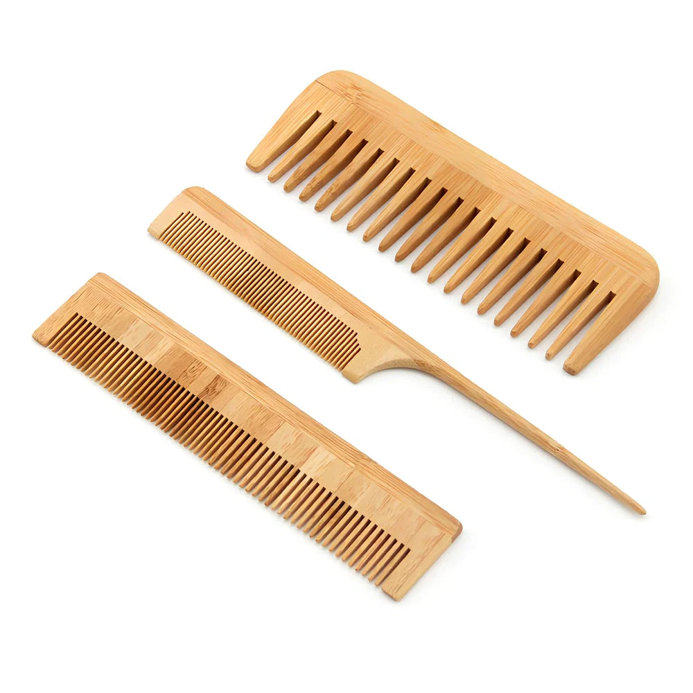 Yellow Phoebe wood massage comb set with three pieces showing rounded teeth and natural wood grain