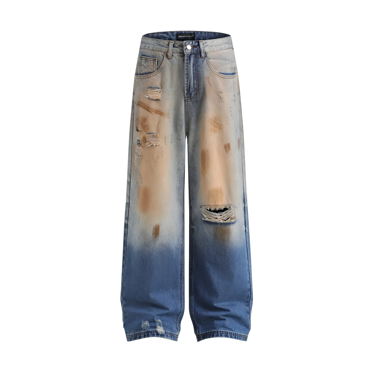 Men's vintage ripped jeans in washed blue cotton, loose straight-leg, mid waist, zipper fly, sizes S-XL.