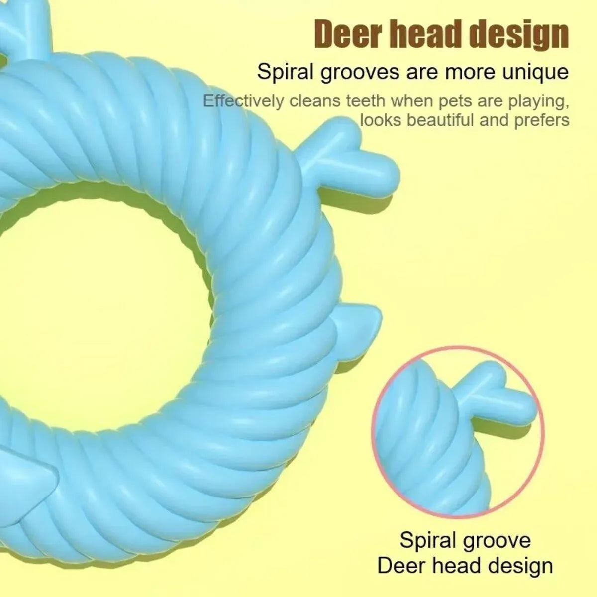 Deer-shaped dog chew toy in blue with spiral groove teeth-cleaning design