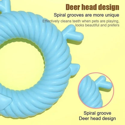 Deer-shaped dog chew toy in blue with spiral groove teeth-cleaning design