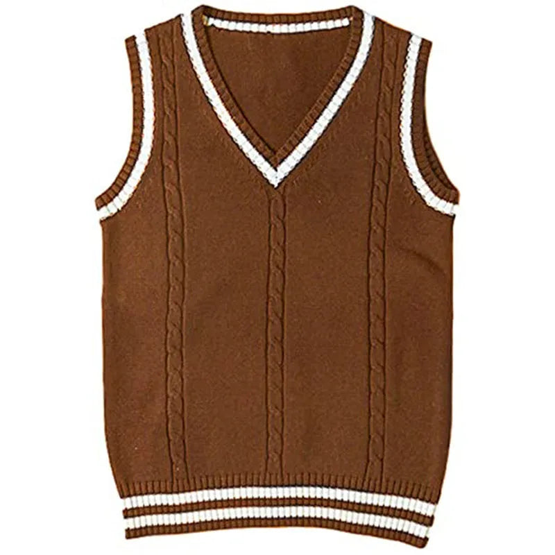 Women's slim fit V-neck knitted waistcoat sweater with striped stitching in acrylic fabric