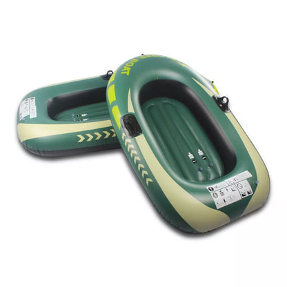 Small green PVC inflatable boat for fishing and rafting, durable and lightweight