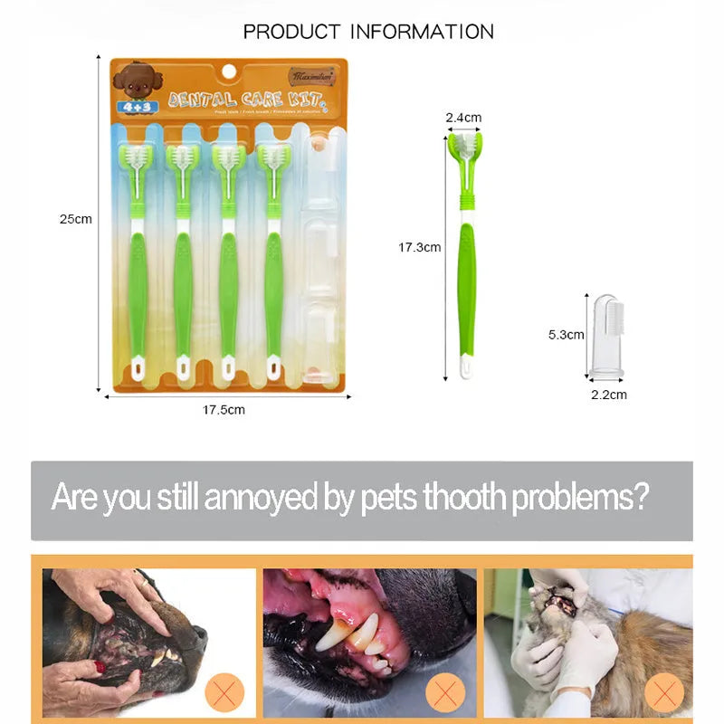 Green pet toothbrush set with three-head dog toothbrush and silicone finger brushes