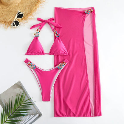 Three-piece polyester bikini set with mesh long skirt in rose red or yellow colour, sizes S M L