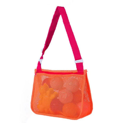 Blue children's travel storage organiser bag with nylon mesh construction and shoulder strap