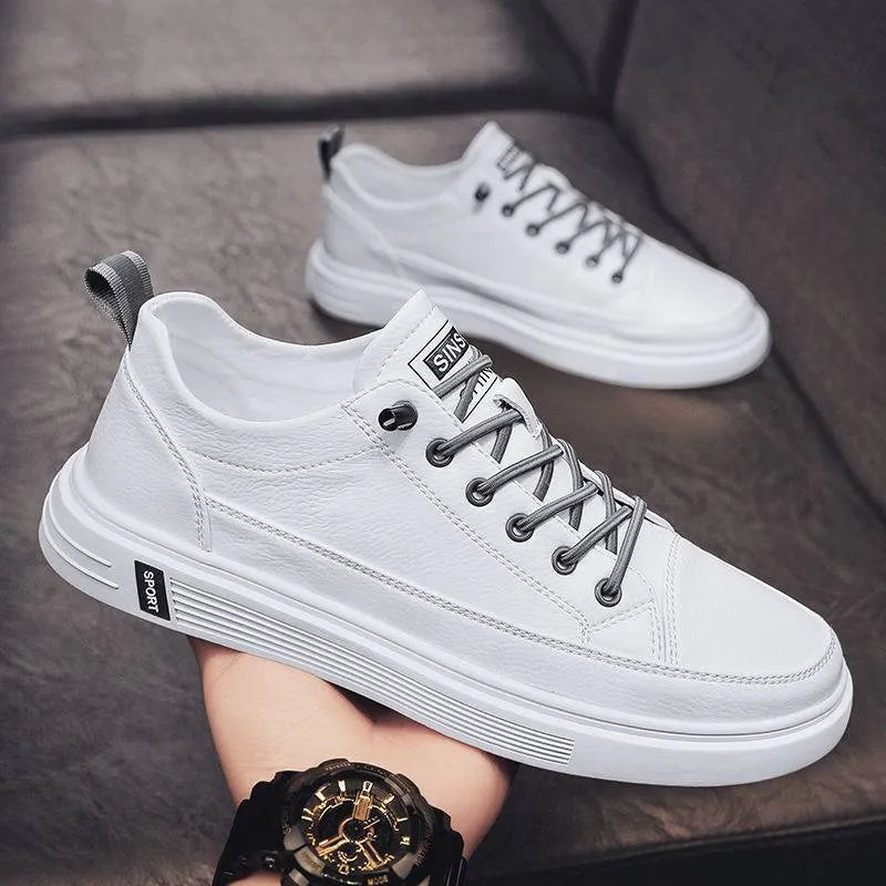 Men's casual flat-bottom shoes in beige, white, or black with a PU upper and round toe