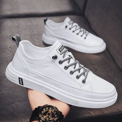 Men's casual flat-bottom shoes in beige, white, or black with a PU upper and round toe