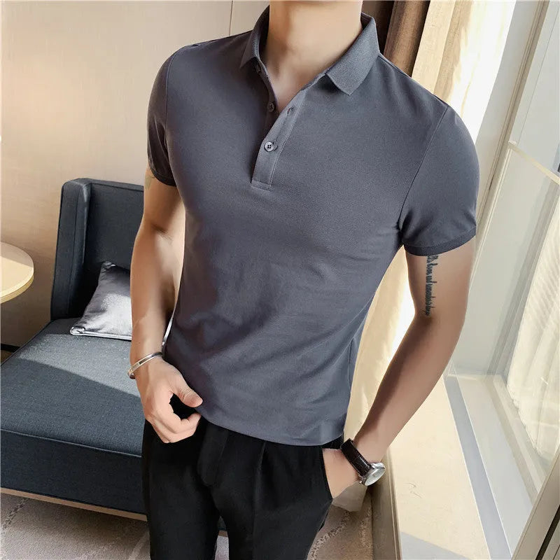 Solid colour cotton blend polo shirt with lapel collar and short sleeves in Korean style fit