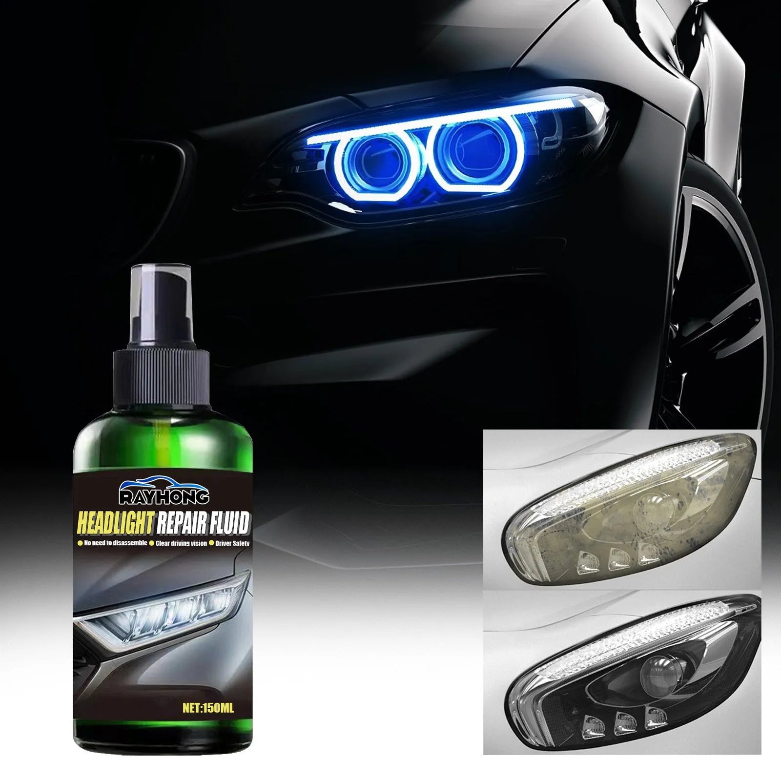 150ml bottle of car headlight repair liquid for removing yellowing and restoring clarity.