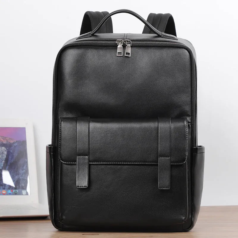 Men's genuine cowhide leather computer backpack in black with 36-55 litre capacity
