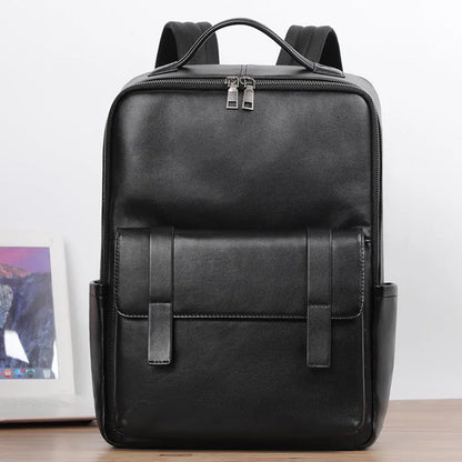 Men's genuine cowhide leather computer backpack in black with 36-55 litre capacity