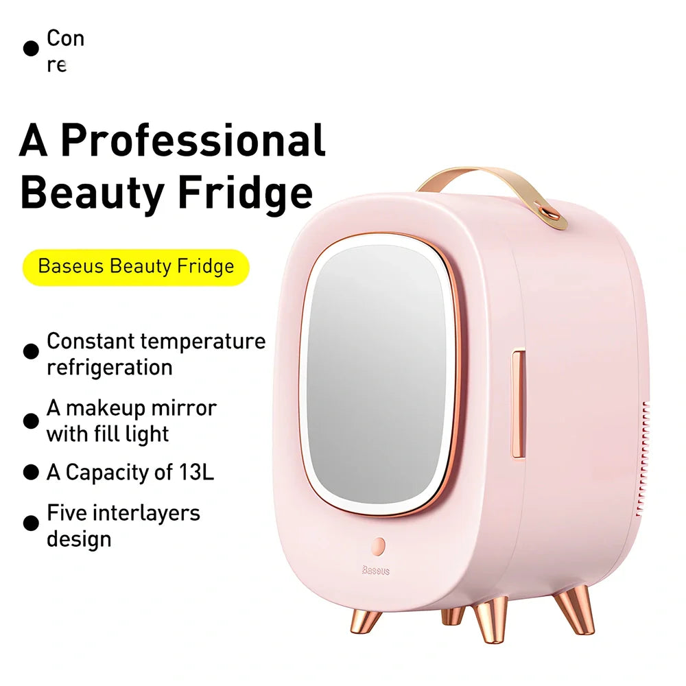 Pink makeup refrigerator with 13-litre capacity for cosmetic storage measuring 440mm wide