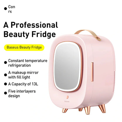 Pink makeup refrigerator with 13-litre capacity for cosmetic storage measuring 440mm wide