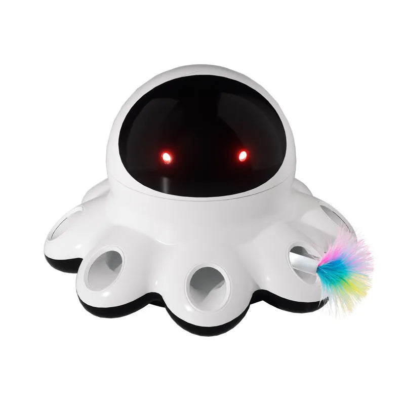 Automatic electric cat toy with shiny feather attachment on black background