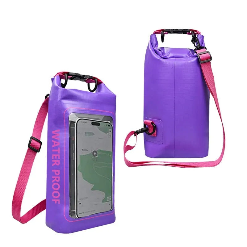 Army green PVC waterproof crossbody bag for mobile phones on a beach.