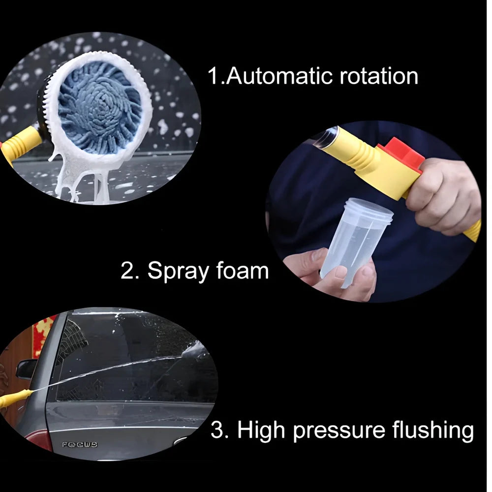 Yellow automatic rotating car wash brush with 130cm telescopic handle and 26cm chenille head for efficient vehicle cleaning