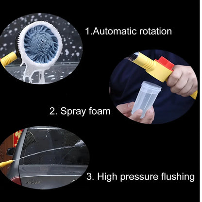 Yellow automatic rotating car wash brush with 130cm telescopic handle and 26cm chenille head for efficient vehicle cleaning