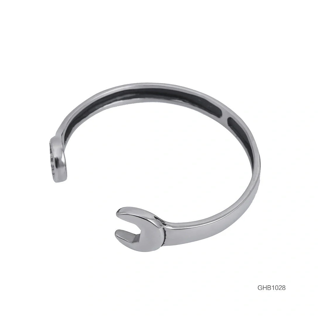 Sleek stainless steel personalized wrench bracelet with adjustable clasp, showcasing industrial-chic style