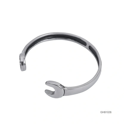 Sleek stainless steel personalized wrench bracelet with adjustable clasp, showcasing industrial-chic style