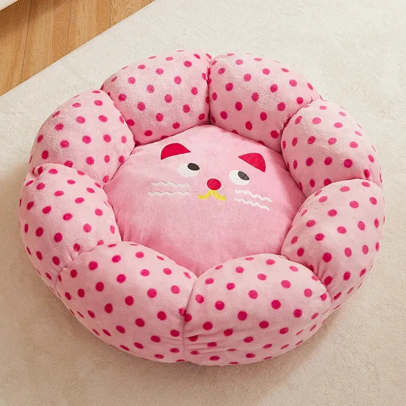 Pink dot pattern fabric cat bed shown in two size options: 45cm and 65cm diameter.