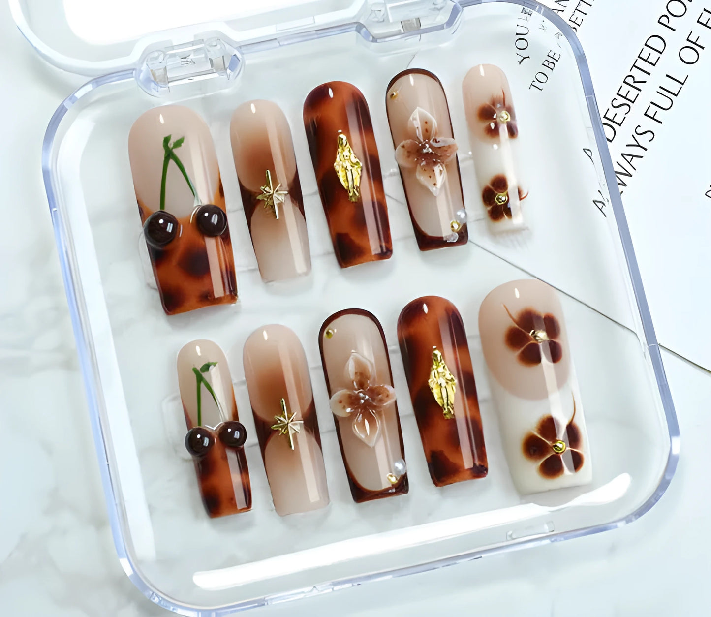 Nail art kit with jelly glue, rubbing strip, and nail patches in French style designs
