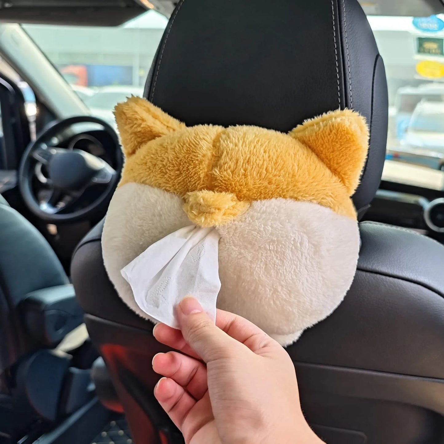 Yellow Corgi butt-shaped soft polyester tissue box cover for car sun visor