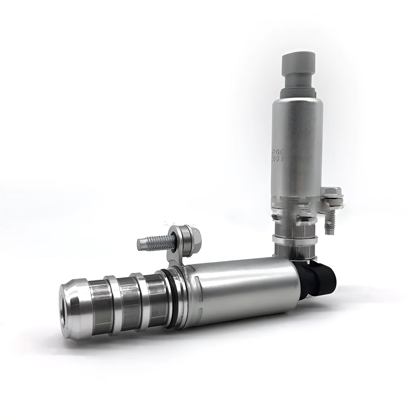 A pair of silver automotive VVT oil control solenoid valves for Buick and Chevrolet models.