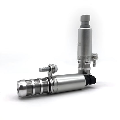 A pair of silver automotive VVT oil control solenoid valves for Buick and Chevrolet models.