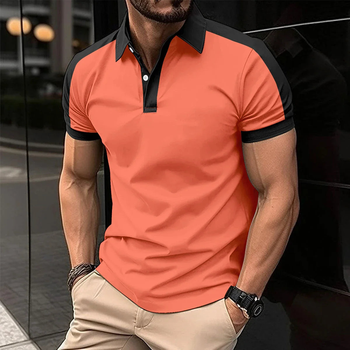Men's short-sleeve casual polo shirts in a variety of vibrant colors and sizes
