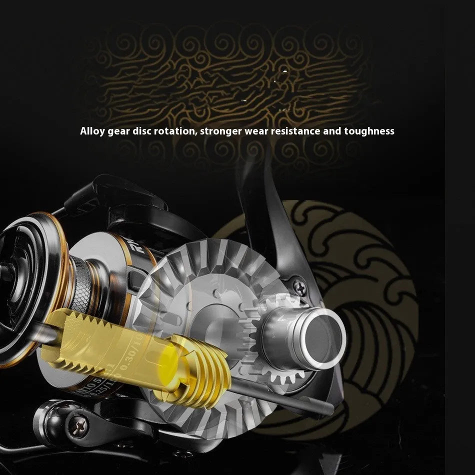 All-metal spinning fishing reel with EVA handle grip, shown in RY series sizes for fishing.