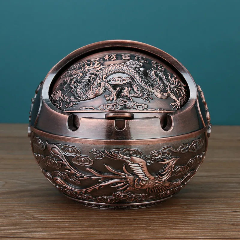 Alloy ashtray with smoke extinguishing slot in bronze finish, featuring Dragon and Phoenix motif, S size
