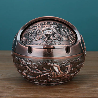 Alloy ashtray with smoke extinguishing slot in bronze finish, featuring Dragon and Phoenix motif, S size