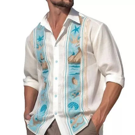 Men's casual long sleeve shirt with unique totem print, available in multiple colors and sizes.