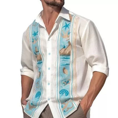 Men's casual long sleeve shirt with unique totem print, available in multiple colors and sizes.