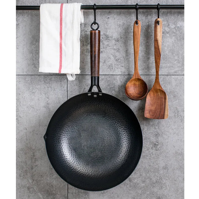 Traditional handmade iron wok pan with wooden handle, 40 cm diameter cooking surface
