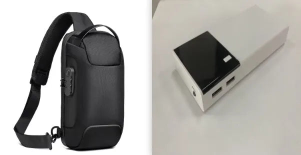 Black 20000mAh power bank measuring 135x60x20mm with plastic shell and charging cable