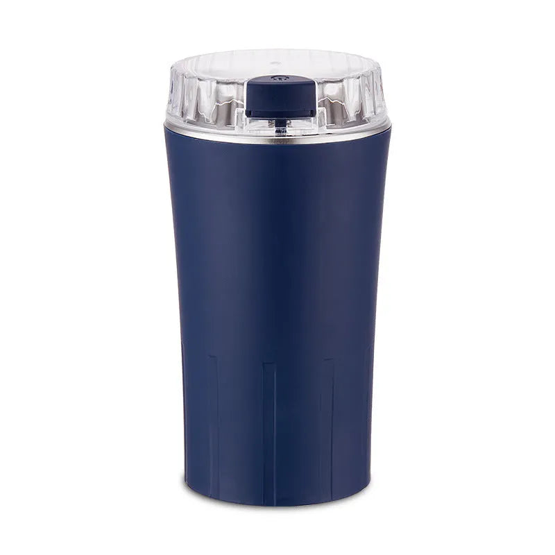 Mini flour mill and grinder in blue with adjustable particle size for chilli, pepper, and grain crushing